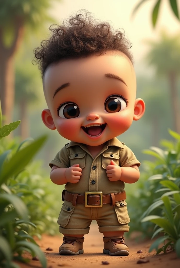 8 month old baby dressed as a safari curly hair on top and shaved on the sides black eyes round dark and full mouth