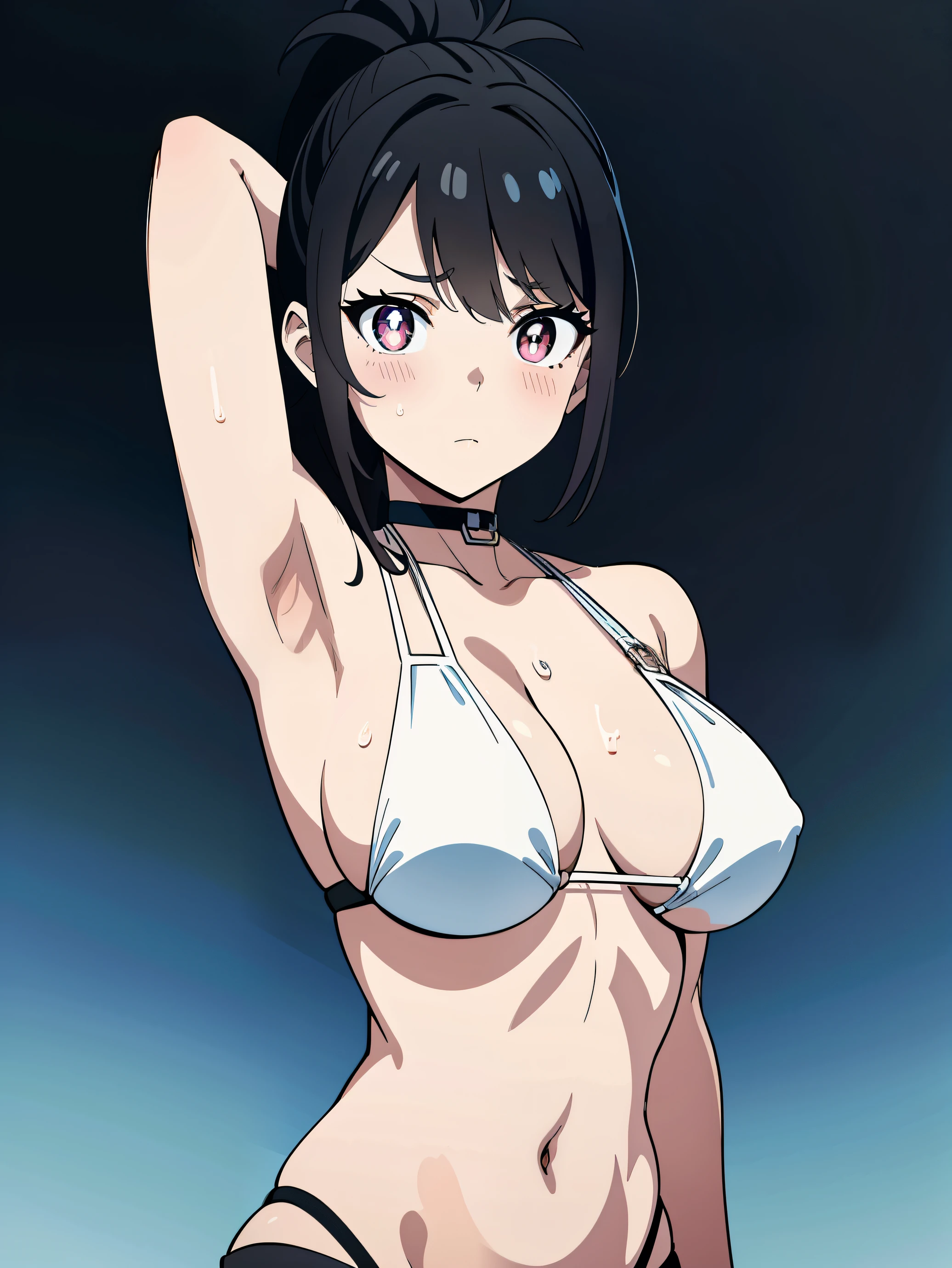 Highres, Masterpiece, Best quality at best,Best Quality,hight quality, hight detailed, Anime style, 1girl, young girl, leyley, solo, (black hair), ponytail, (white pupils, pink eyes:.6), messy hair, short ponytail, upper body, Slim body, bright pupils, outline, white pupils, white outline,Tcoaal, solo, looking at viewer, Shirtless, Venus bikini, areola slip, wearing cyborg bikini, bra, (Big natural breasts:1.4), sexy boobs, choker, Sexy waist, Slim stomach, (Showing armpit:1.3), (very young boy), (very small and short body), simple beckground, hansome boy, Uhd, bokeh, sweat
