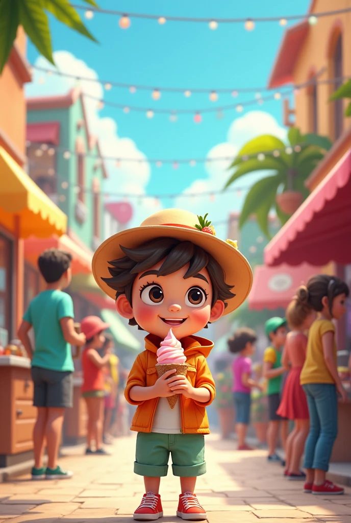 Cute little hero queuing up to buy ice cream