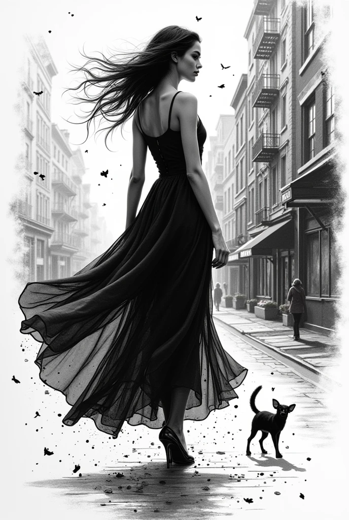 A captivating and intricate ink drawing of a young woman walking down a New York City street, masterfully blending gothic punk art with whimsical elements. The black and white silhouette of the woman is viewed from various random angles, adding to the sense of movement and dynamism. The wind is captured through the graceful flow of her clothing, and subtle touches of nature and wildlife are scattered throughout the scene. The artwork, created, combines the styles of Anne Bachelier, Gustav Klimt, and Hans Holbein, showcasing a stunning blend of landscape, whimsical animals, and elements of nature. With a touch of realism and the technique of double exposure, this high-quality image beautifully encapsulates the essence of beauty, grace, and fantasy. The inclusion of fractal line patterns and ink sketch elements adds depth and texture to the drawing.