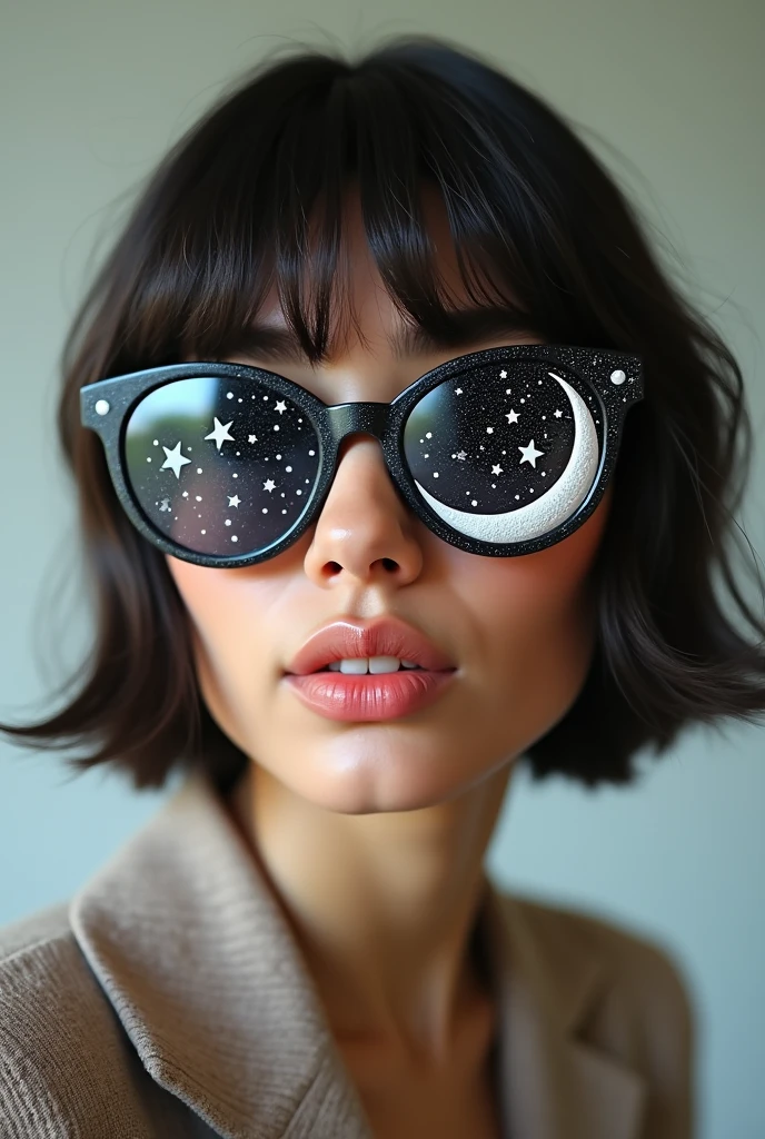 The model is wearing glass sunglasses with stars and the moon on the glass