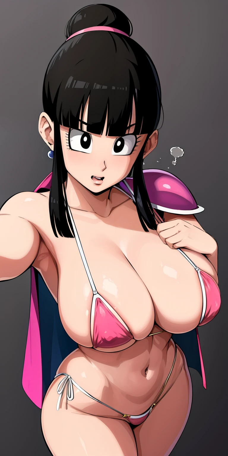 Point of view from above, selfie, Disgusted Face, Super detailed face, Super detailed body, seductive body, chichi_dbz, standing, solo, large_breasts, Chichi_Bikini_Armor, masterpiece, best quality, detailed face, detailed eyes, highres, pointy breasts, giant  , micro bikini, micro thong v-string, thong , erect nipples , Pink micro bikini, pink thong