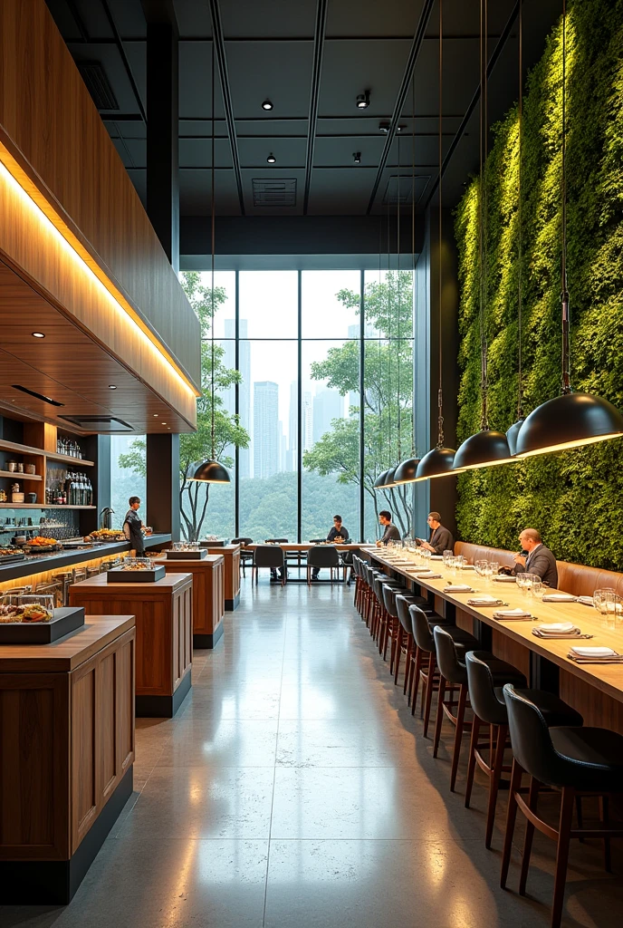 Design a futuristic restaurant with a sleek and minimalist aesthetic. Incorporate innovative materials, such as glass, steel, and reclaimed wood, and feature an open kitchen, floor-to-ceiling windows, and a living green wall. The restaurant should have a sophisticated and modern ambiance, with a focus on sustainability and cutting-edge technology. Include unique design elements, such as a statement light fixture or an interactive art installation, to create a memorable dining experience.