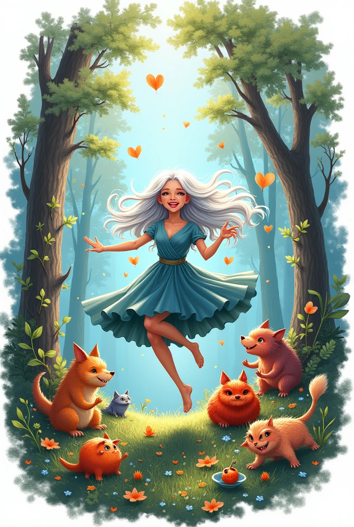 Silver-haired witch, the embodiment of joy and elation, escaping to play in a forest setting, surrounded by kawaii forest monsters, illustrated in the distinct styles of Enki Bilal, Alex Pardee and Osamu Tezuka, featuring joy, fantasy, whimsy, with touches of surrealism, intricate linework, vibrant palette, detailed textures and digital painting. stark white background