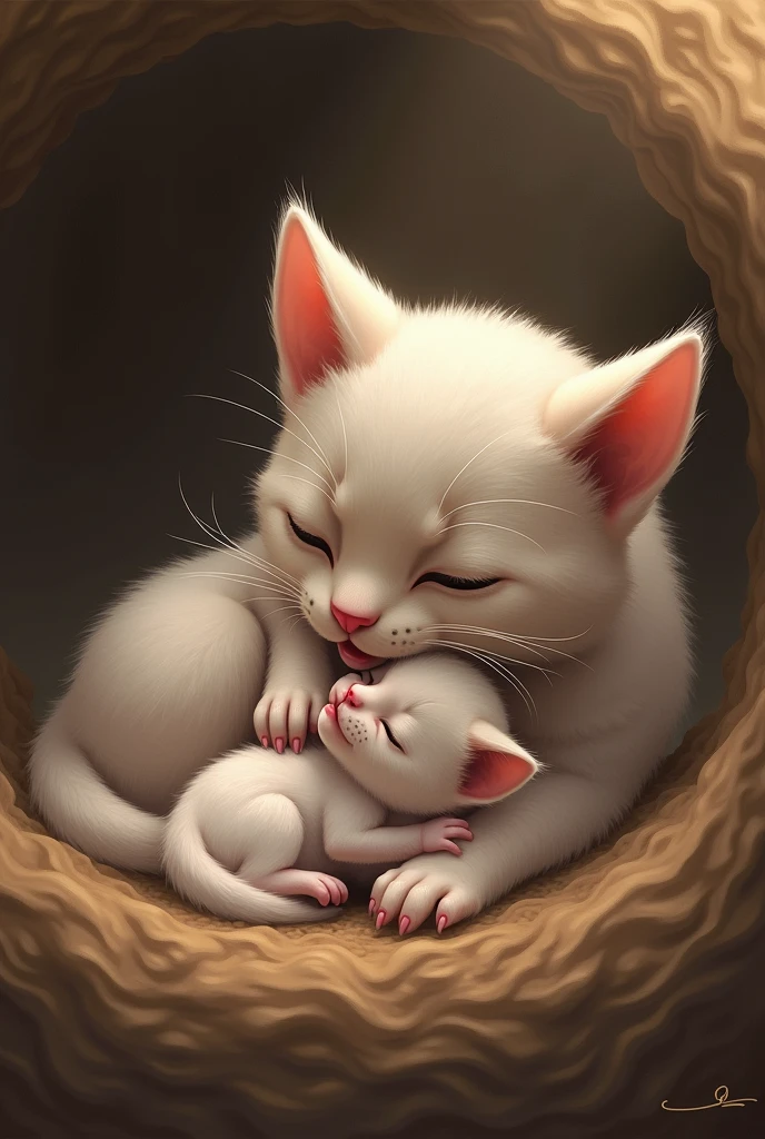 Cat has a baby and she has gone potty and is cleaning her body. 