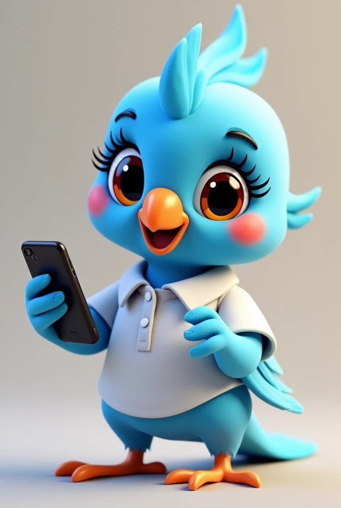 Vstorized Blue cockatiel, female, with eyelashes in her eyes, dark blue, cub, happy, wearing white polo shirt, with a smartphone, pixar style 8k