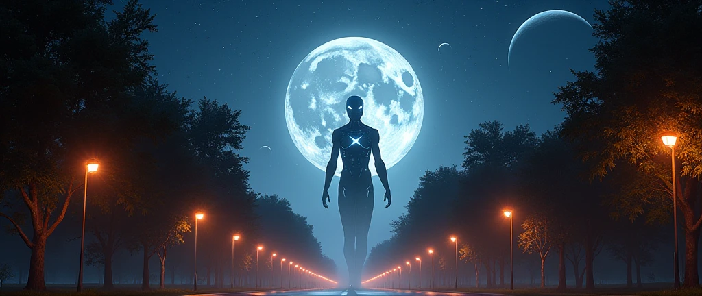 I&#39;m on the street at night looking at the horizon, Behind the moon appears a faint outline that resembles a humanoid or god, it appears from the horizon and looks like just a faint outline, I can see his eyes shine like stars on the horizon, 32K, super realistico, life like, Real vision, every detail of the image is impressive, he is beyond the atmosphere, it appears from the chest up, starry sky of a peaceful night, tree-lined street, well lit street, light posts, He is a heavenly being, marvel celestials, lens flare effect, he extends his long arm across the street towards me, he appears to have mechanical and robotic aspects, he has objects orbiting his presence, some lights shine in bright, vibrant colors, the moon covers part of it and it is much bigger than it
