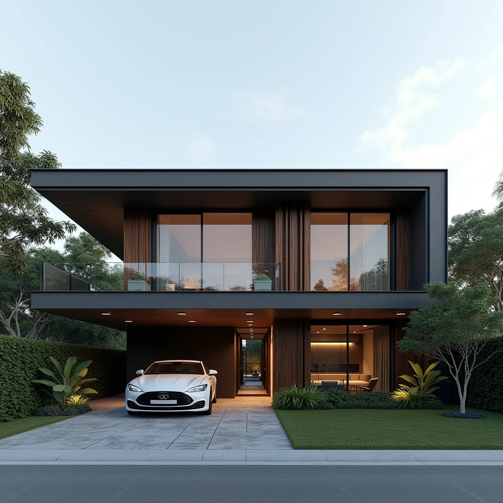 Exterior design , contemporary linear residence , Wood , glass and concrete , automobile, dark gray and lead color , in a gated community , color had , Northeast of Brazil , ultra realisitic , ultra-realistic render , 4 K ,