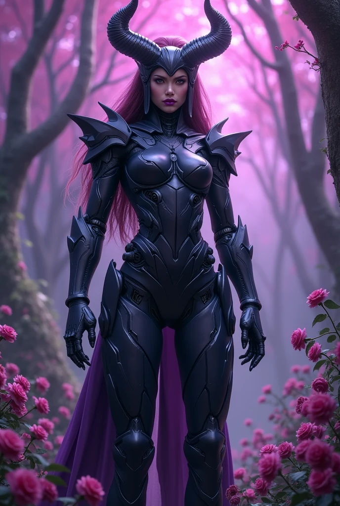 adult girl demon in dark mechanical suit, purple  lips,helmet like a valkyrie,full height in a purple glowing garden with tall rose trees