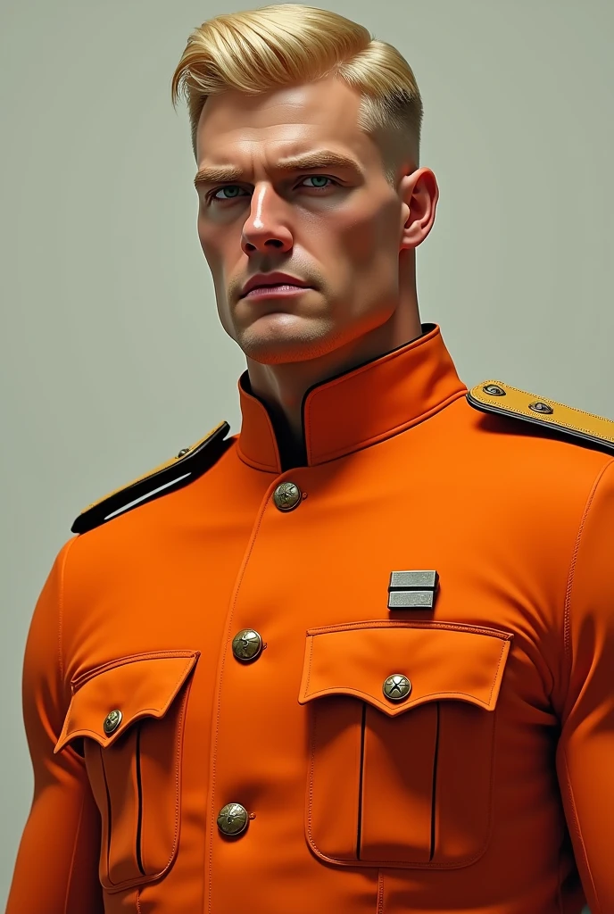 tall blond man with green eyes in orange uniform