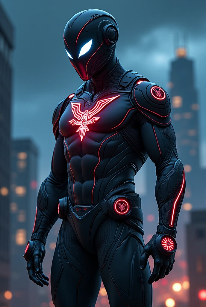 In comic book style, Nightwatcher to nastoletni superbohater o niezwykle intrygującym wyglądzie. His costume is made of flexible spandex and nanomaterials., which gives it both flexibility, as well as protection. The dominant colors in the outfit are dark gray., czerwony i granatowy, which create a strong contrast and give it a menacing look, but dynamic character. Nosi zaawansowany technologicznie hełm o aerodynamicznym kształcie. Its surface has integrated white bionic sharp owl-style eyes. There is a unique emblem on the chest, which is inspired by four animals: węgorzem, a spider, snow leopard and owl. His hands, łokcie, the shoulders and waist are decorated with round emblems. The whole costume has an eel-style pattern, snow leopard and spider. He stands in a dynamic pose on the roof of a building at night..