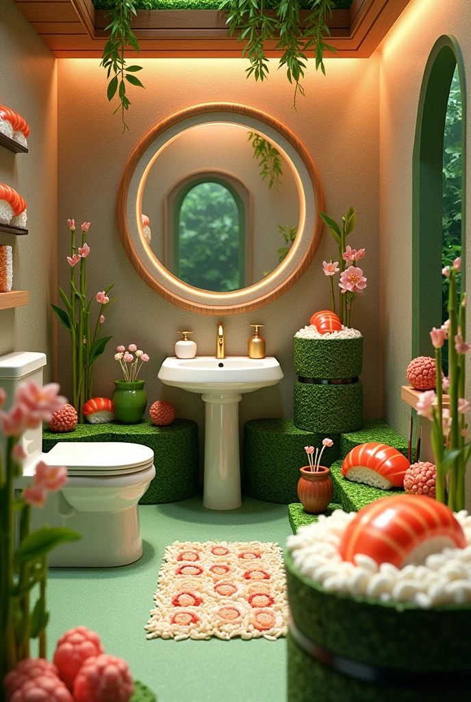 ((masterpiece, 8k, best quality, 8k, super realistic, high resolution:1.3)), fictional bathroom, bathroom made of sushi, bathroom made of cooked rice, bathroom made of seaweed, styled, Japanese, sushi world, edible bathroom.