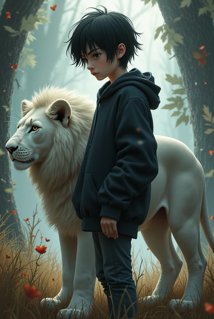 Give me a picture of an unsociable 1 boy, immature, sensible, liar, gross, Deceptive fat man with straight dry black hair, with a white lion cub,My favorite food is ham omelettes and I have 2 best friends 
