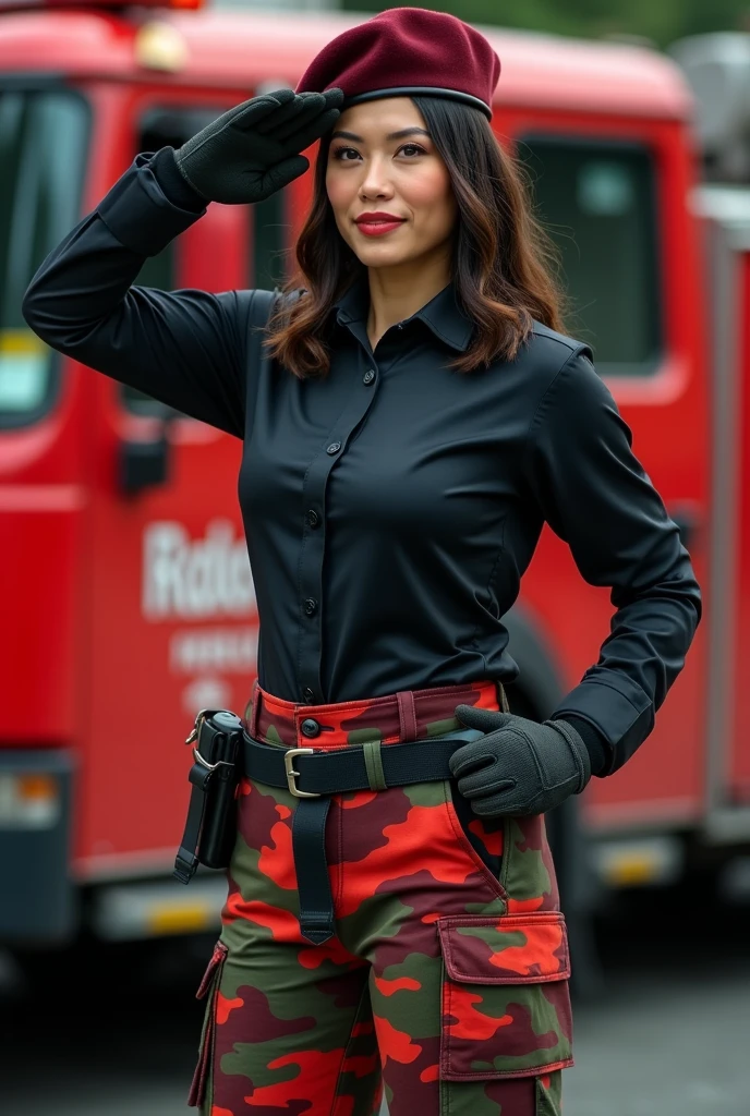 4 A malay women. Firefigter muscular women wearing camouflage pants in red, green, and black, with a black long sleeve shirt, standing salute pose. Maroon baret on head. on the firetruck, panning photography, highly detailed, ultra-realistic, cinematic, dramatic lighting, award-winning photograph