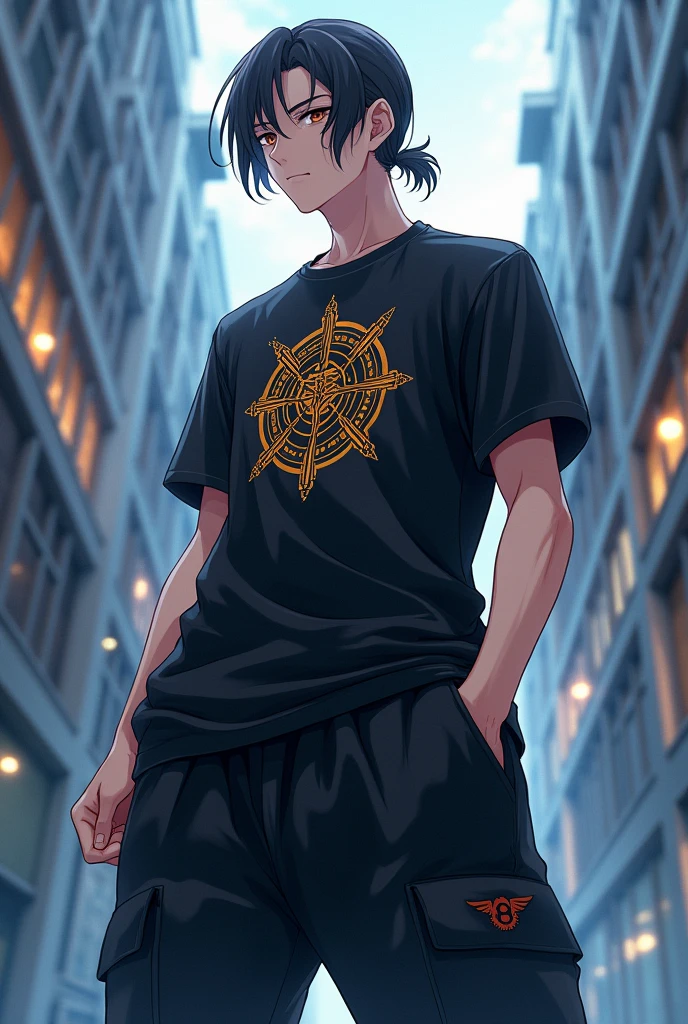 A 1 male anime character with hair tied back and magical powers who is a student at a modern-day wizarding school With baggy pants and a sweatshirt Black baggy pants and a black t-shirt with the 6 arms of Buddha on it