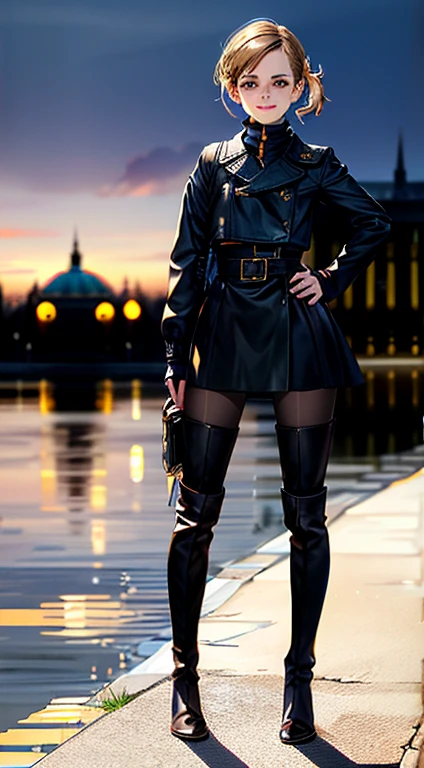 1girl, Emma Watson, smiling, beautiful, masterpiece, best quality, black pantyhose,knee boots , standing