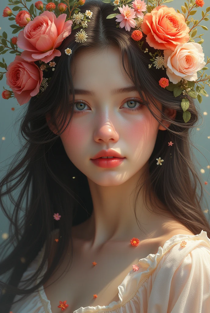 Beutyful Girl Her eye should be fully covered with flowers and her lip and nose only visible her hair should be long