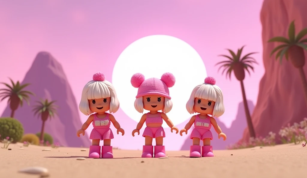 Roblox square baby dolls having fun, with pink clothes and kawaii white hair and pink fluffy hat, they dress fashionably, they have white skin, no mouth partying in the sand, cartoon, Vice City GTA, pink sky background with a white sun and in the distance a huge mountain, they walk towards the bottom, panoramic view