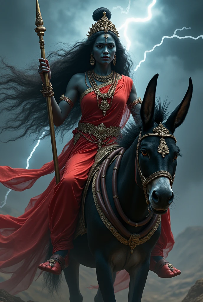 "Create an ultra-realistic image of the fierce and beautiful Goddess Kalaratri, depicted in a striking red saree with a matching blouse.She should be adorned in simple, dark-colored clothing, often depicted as red or black, symbolizing her association with destruction and her role as a fierce protector. The saree should be vibrant and richly detailed, contrasting with her dark black complexion, which symbolizes the night and her fearsome power. Her face should be both fierce and captivating, with large, intense eyes that radiate strength and determination. Despite her fearsome appearance, there should be an underlying sense of divine beauty and grace, she has extremely very very long and very dense hair, Her hair should be wild and untamed, flowing freely around her, symbolizing her raw, untamed energy.

Goddess Kalaratri should be depicted with two hands. Her right hand is in a blessing posture. In her left hand, she holds a majestic thunderbolt (Vajra).

She should be mounted on an extremely large and powerful donkey, symbolizing her unyielding force and ability to vanquish darkness. The donkey should be depicted with a strong, muscular build, exuding both power and determination, perfectly complementing the goddess's fierce presence.

The background should be a dark, stormy landscape, with flashes of lightning illuminating the scene, reflecting her association with destruction and her role as a protector against evil forces. The overall image should capture the essence of Goddess Kalaratri’s ferocity, strength, and protective nature, presented in a highly realistic and detailed manner, with her red saree and deadly weapon emphasizing her divine power."
