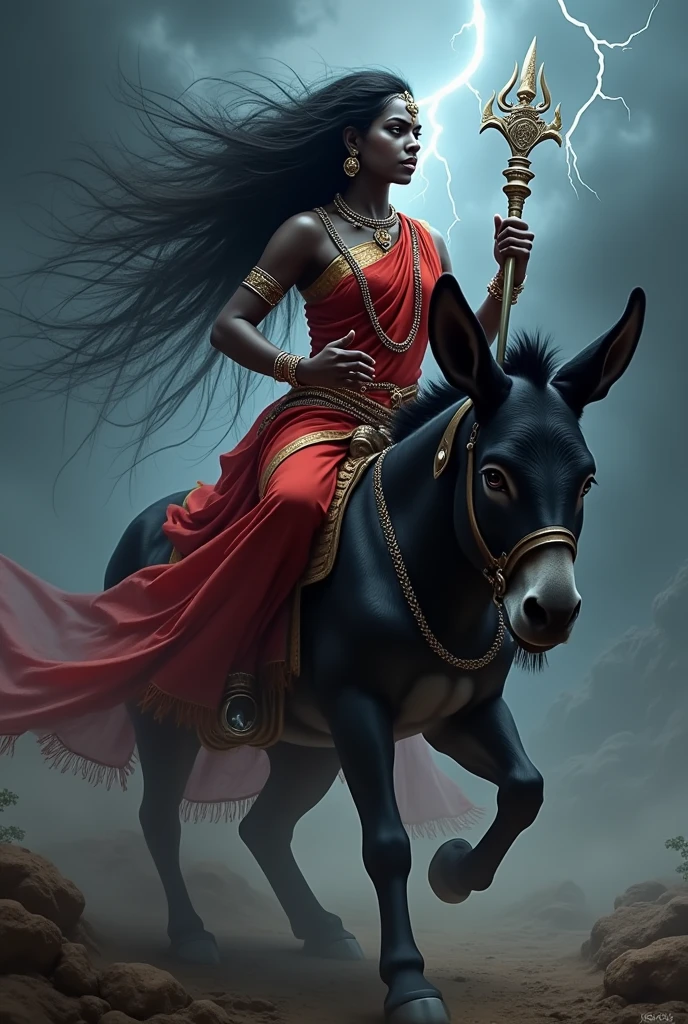 "Create an ultra-realistic image of the fierce and beautiful Goddess Kalaratri, depicted in a striking red saree with a matching blouse.She should be adorned in simple, dark-colored clothing, often depicted as red or black, symbolizing her association with destruction and her role as a fierce protector. The saree should be vibrant and richly detailed, contrasting with her dark black complexion, which symbolizes the night and her fearsome power. Her face should be both fierce and captivating, with large, intense eyes that radiate strength and determination. Despite her fearsome appearance, there should be an underlying sense of divine beauty and grace, she has extremely very very long and very dense hair, Her hair should be wild and untamed, flowing freely around her, symbolizing her raw, untamed energy.
Goddess Kalaratri should be depicted with two hands. Her right hand is in a blessing posture. In her left hand, she holds a majestic thunderbolt (Vajra).
She should be mounted on an extremely large and powerful donkey, symbolizing her unyielding force and ability to vanquish darkness. The donkey should be depicted with a strong, muscular build, exuding both power and determination, perfectly complementing the goddess's fierce presence.
The background should be a dark, stormy landscape, with flashes of lightning illuminating the scene, reflecting her association with destruction and her role as a protector against evil forces. The overall image should capture the essence of Goddess Kalaratri’s ferocity, strength, and protective nature, presented in a highly realistic and detailed manner, with her red saree and deadly weapon emphasizing her divine power."