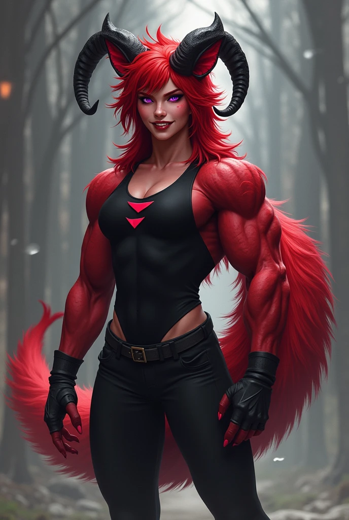 Wolf fur(Red color y negro), red devil&#39;s tail, teenager(athletic), tight clothes(black color), musculino(teenager), ram horns(Red color),Alone (Posing), Violet Wolf Eyes, smile(saca la lengua mientras smile), method (method fina y joven)