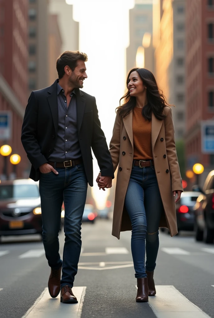 A man and a woman (resembling Gal Gadot) standing on a sidewalk, both facing the road. Crossing the road hands in hands, smiling and giving each other a look. Realistic image