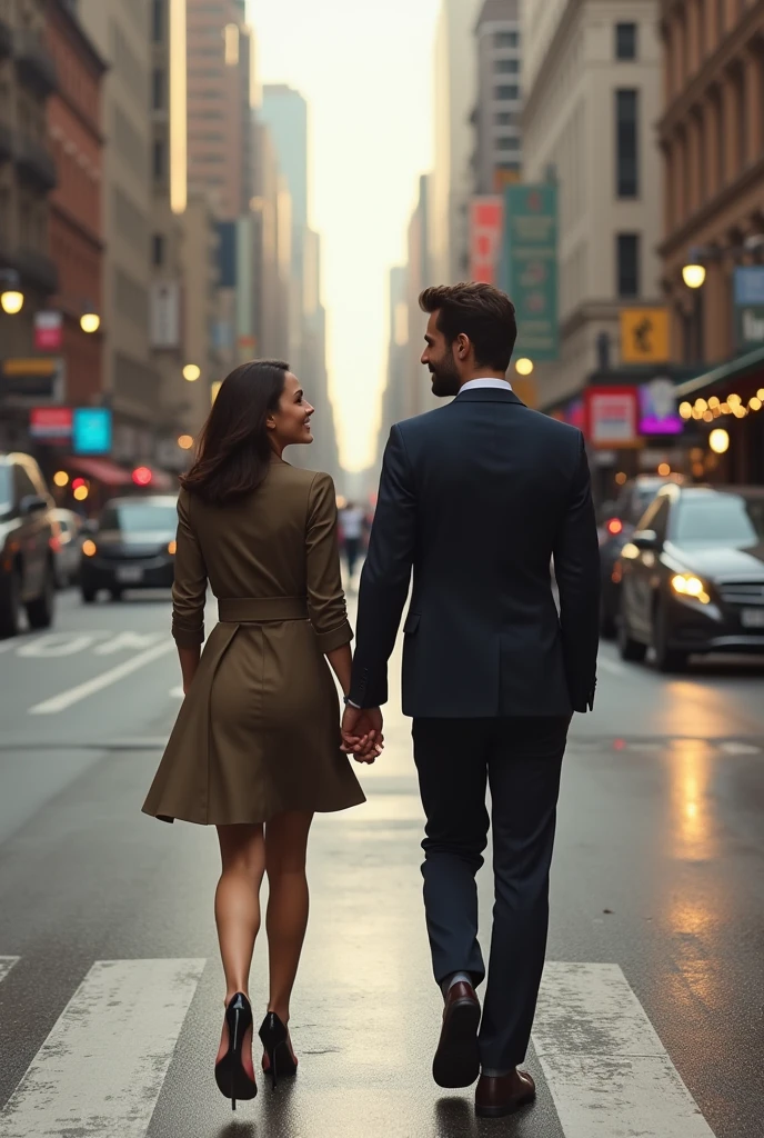 A man and a woman (resembling Gal Gadot) standing on a sidewalk, both facing the road. Crossing the road hands in hands, smiling and giving each other a look. Realistic image 