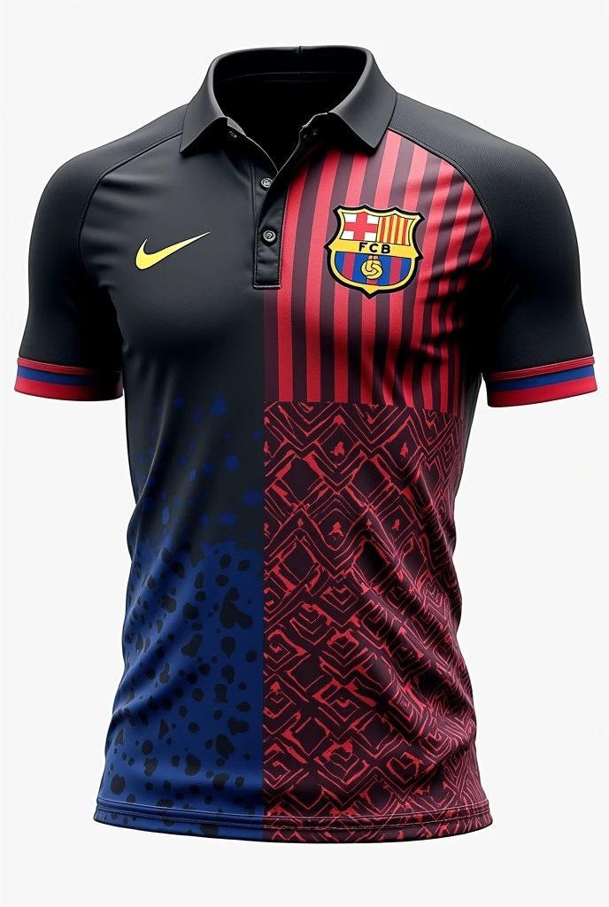 Make a black collared jersey with a blue and red malaysian pattern on the bottom + Barcelona soccer jersey + sut ironman.