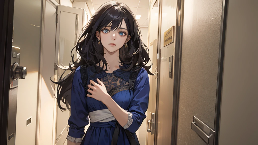 (very handsome: 1.2), 8 thousand, (masterpiece: 1.0), (best_quality: 1.0), 1 girl (alone), and intricate details, amplified textures, and intricate details, exquisite Eyes and delicate face, and intricate details, black hair, melancholy closed mouth, hazel eyes, tired eyes, equal eyes, Carolina eyes (human female) wearing blue dress, background ward Front door, hospital corridor, elevator, depth of field