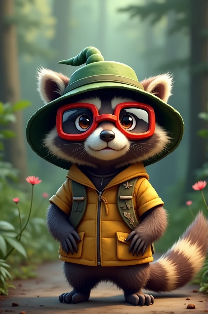 a racoon scout wearing a green hat and red goggle