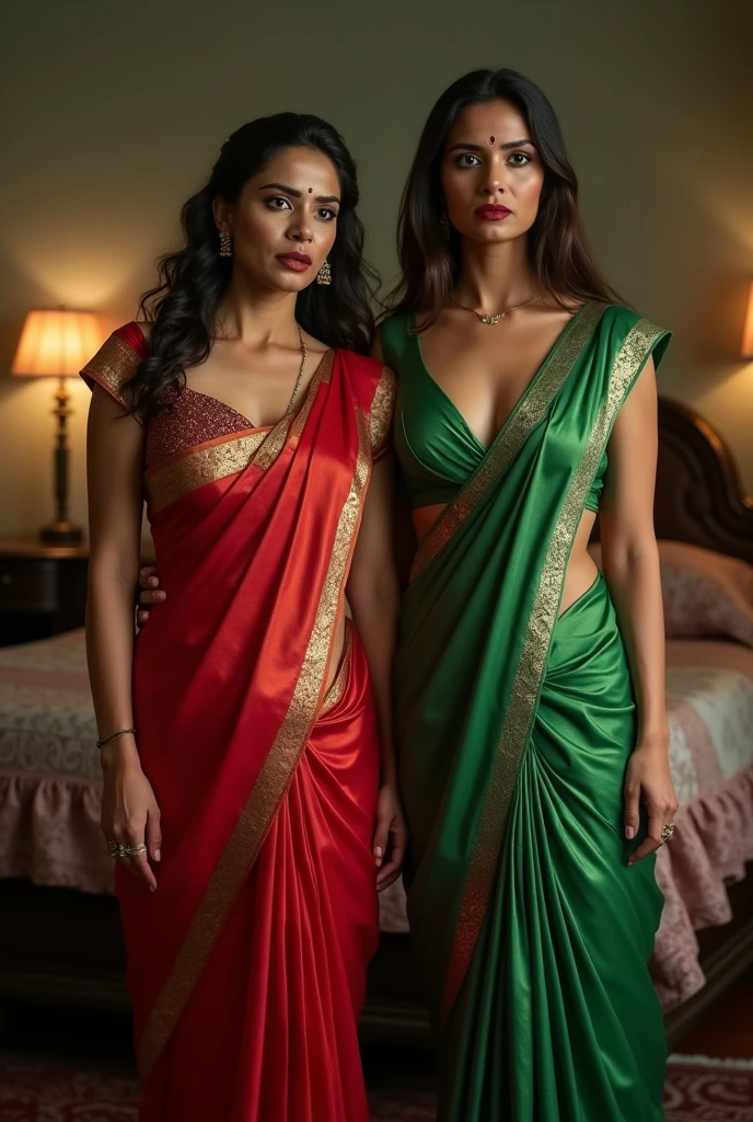Two wife of the same man, one in red silk saree with deep neck blouse and another in green saree with deep neck blouse fight in bedroom. Both standing back to back with their backs and butt touching each other. They turn their head to look at each other in hate
