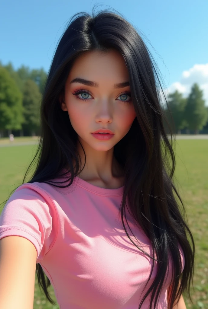 a beautiful Russian Ukrainian ager with blue eyes , taking a selfie with the face of a young woman with a perfect body and big eyes , wide and full lips, thin, upturned nose, with a pretty face like a barbie , normal breasts ,very long and very straight black hair, no clothes perfect 1 body , , very tender face , Teengirl with blue eyes posing very sexy wearing baby pink t-shirt and casual clothes in the park ,slickedback hair. a very sexually attractive teenage , posing ukraine beautiful girl cute girl masterpiece beautiful, With a blue sky and a sunny day