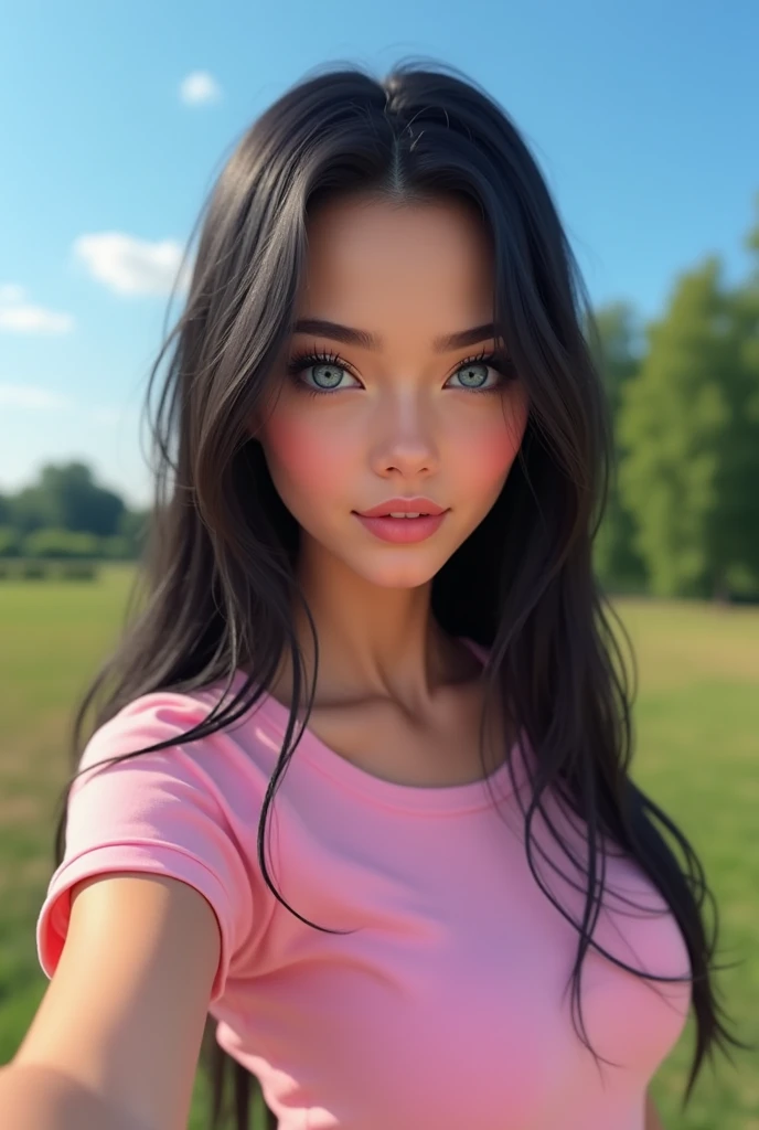 a beautiful Russian Ukrainian with blue eyes , taking a selfie with the face of a young woman with a perfect body and big eyes , wide and full lips, thin, upturned nose, with a pretty face like a barbie , normal breasts ong and very straight black hair, no clothes perfect 1 body , , very tender face , Teenage girl wilue eyes posing very sexy wearing baby pt-shirt and casual clothes in the park ,slickedback hair. a very sexually attractive teel, posing ukraine beful girl cute girl masterpiece beautiful, With a blue sky and a sunny day