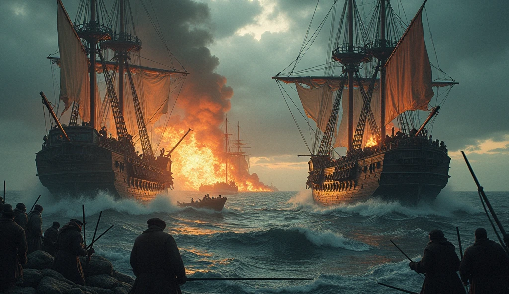 A dramatic portrayal of a medieval naval battle, capturing the chaos and fury of maritime warfare. The scene unfolds under a stormy sky, with dark clouds rolling in, adding to the sense of impending doom. Two massive ships, their sails tattered and torn, clash violently on rough, churning seas. Cannons roar from the decks, their fiery blasts illuminating the darkness, as cannonballs tear through wood and fabric alike. The ships are locked in a deadly dance, their hulls groaning under the strain, while sailors frantically reload cannons, draw swords, and shout commands amidst the chaos. Flames leap from the splintered masts, casting eerie reflections on the water below, where debris and lifeboats drift amidst the wreckage. The composition is steeped in tension, with a focus on the ferocity of the battle and the struggle for control over vital trade routes. The image is rendered in the meticulous and atmospheric style of Edmund Blair Leighton, evoking a sense of heroism and desperation, Surrealism, Hyperrealism, UHD, retina, masterpiece, accurate, anatomically correct, textured skin, super detail, best quality, 16k
