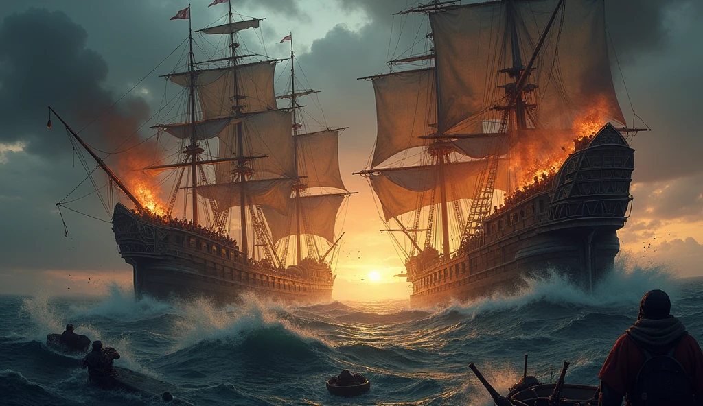A dramatic portrayal of a medieval naval battle, capturing the chaos and fury of maritime warfare. The scene unfolds under a stormy sky, with dark clouds rolling in, adding to the sense of impending doom. Two massive ships, their sails tattered and torn, clash violently on rough, churning seas. Cannons roar from the decks, their fiery blasts illuminating the darkness, as cannonballs tear through wood and fabric alike. The ships are locked in a deadly dance, their hulls groaning under the strain, while sailors frantically reload cannons, draw swords, and shout commands amidst the chaos. Flames leap from the splintered masts, casting eerie reflections on the water below, where debris and lifeboats drift amidst the wreckage. The composition is steeped in tension, with a focus on the ferocity of the battle and the struggle for control over vital trade routes. The image is rendered in the meticulous and atmospheric style of Edmund Blair Leighton, evoking a sense of heroism and desperation, Surrealism, Hyperrealism, UHD, retina, masterpiece, accurate, anatomically correct, textured skin, super detail, best quality, 16k
