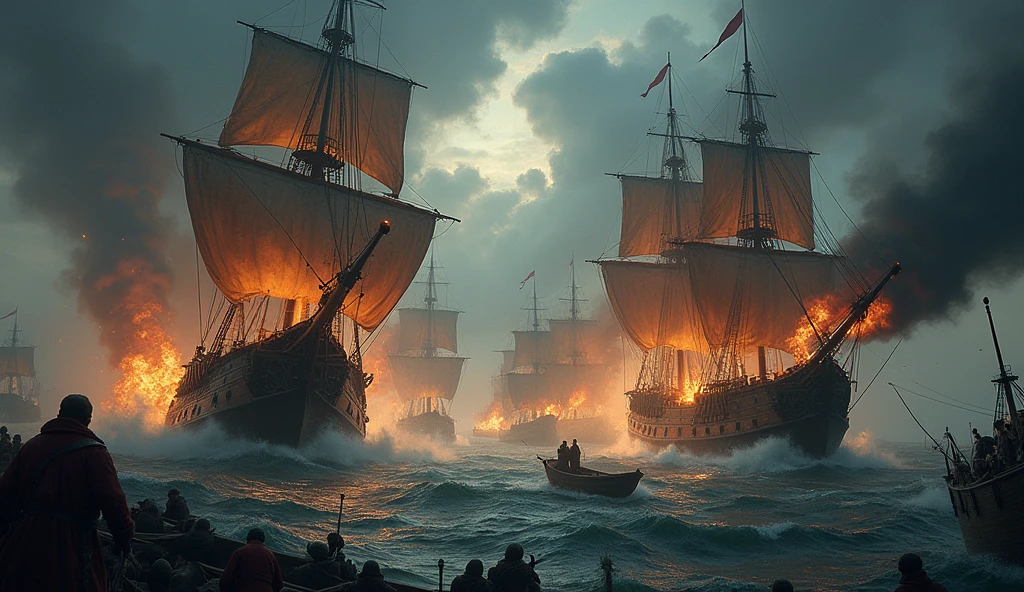 A dramatic portrayal of a medieval naval battle, capturing the chaos and fury of maritime warfare. The scene unfolds under a stormy sky, with dark clouds rolling in, adding to the sense of impending doom. Two massive ships, their sails tattered and torn, clash violently on rough, churning seas. Cannons roar from the decks, their fiery blasts illuminating the darkness, as cannonballs tear through wood and fabric alike. The ships are locked in a deadly dance, their hulls groaning under the strain, while sailors frantically reload cannons, draw swords, and shout commands amidst the chaos. Flames leap from the splintered masts, casting eerie reflections on the water below, where debris and lifeboats drift amidst the wreckage. The composition is steeped in tension, with a focus on the ferocity of the battle and the struggle for control over vital trade routes. The image is rendered in the meticulous and atmospheric style of Edmund Blair Leighton, evoking a sense of heroism and desperation, Surrealism, Hyperrealism, UHD, retina, masterpiece, accurate, anatomically correct, textured skin, super detail, best quality, 16k
