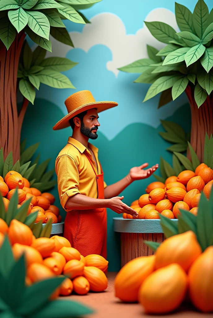 a man selling papayas, masterpiece, all in three dimensional paper art、(Almond Shapes);1.9、(Three-dimensional paper-cut art.、colorful):1.9