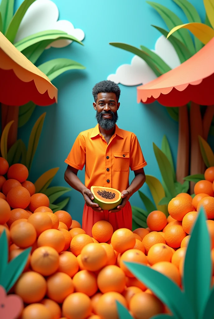 a man selling papayas,  masterpiece, all in three dimensional paper art、(Almond Shapes);1.9、(Three-dimensional paper-cut art.、colorful):1.9
