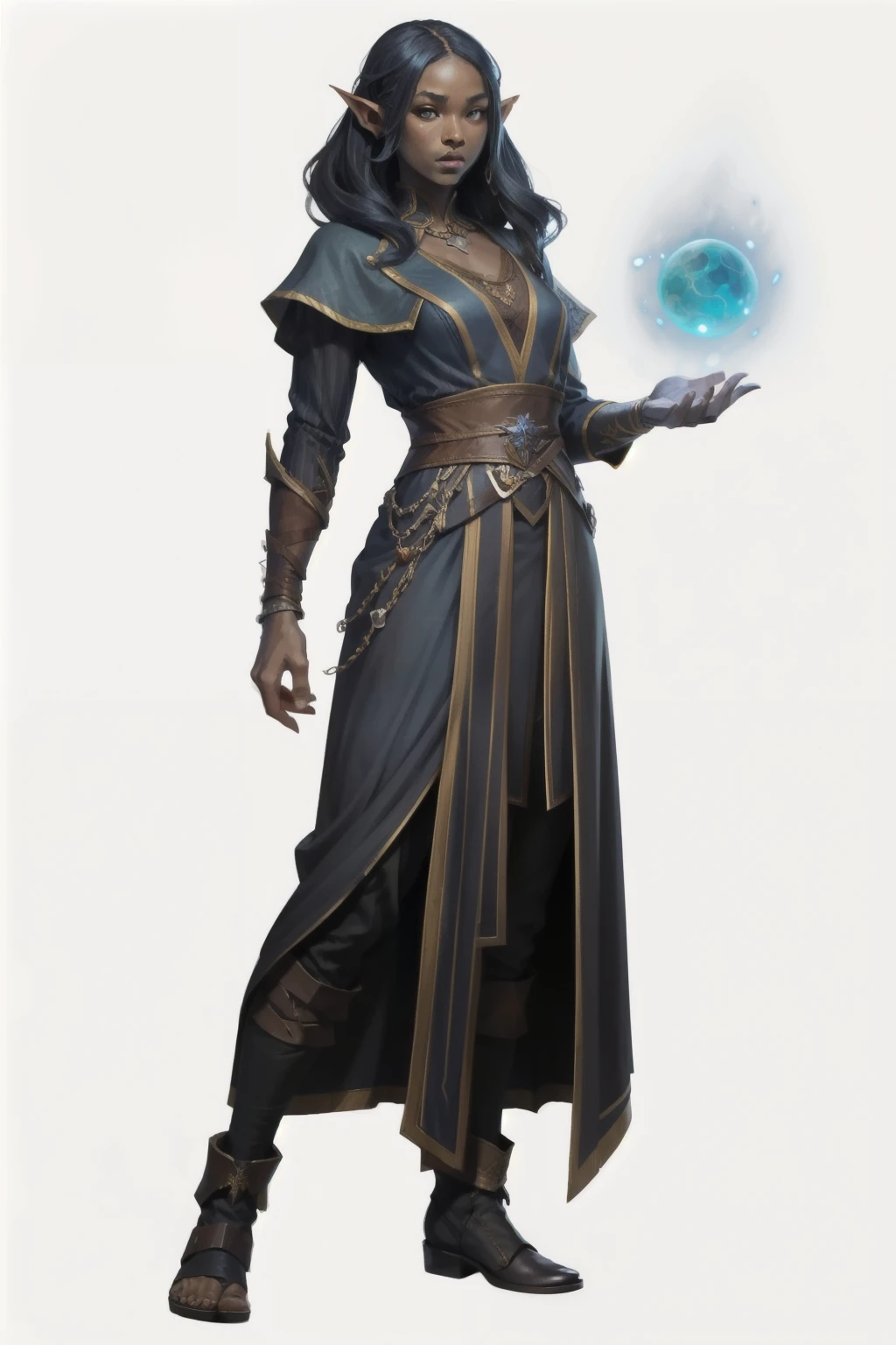 RPG character, I want a character with a white background, png, Full-body image, a light blue skinned elf, Sea Elf, pointy ear, corpo sexy, long dark blue hair, attractive face, the character with new rustic clothes, formal clothes, feminine, black skin color, facing the front
