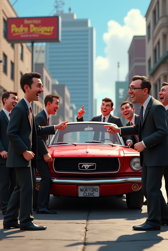 A 3D Disney-style rendering of a humorous scene where a lot of lawyers are standing around a car after an accident. The lawyers are wearing dark suits and ties. Some of them are pointing at the car, while others are discussing among themselves. The background contains a building with a large sign that says "Pedro Designer."