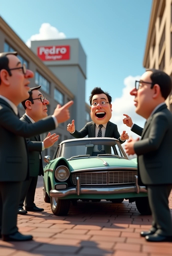 A 3D Disney-style rendering of a humorous scene where a lot of lawyers are standing around a car after an accident. The lawyers are wearing dark suits and ties. Some of them are pointing at the car, while others are discussing among themselves. The background contains a building with a large sign that says "Pedro Designer."