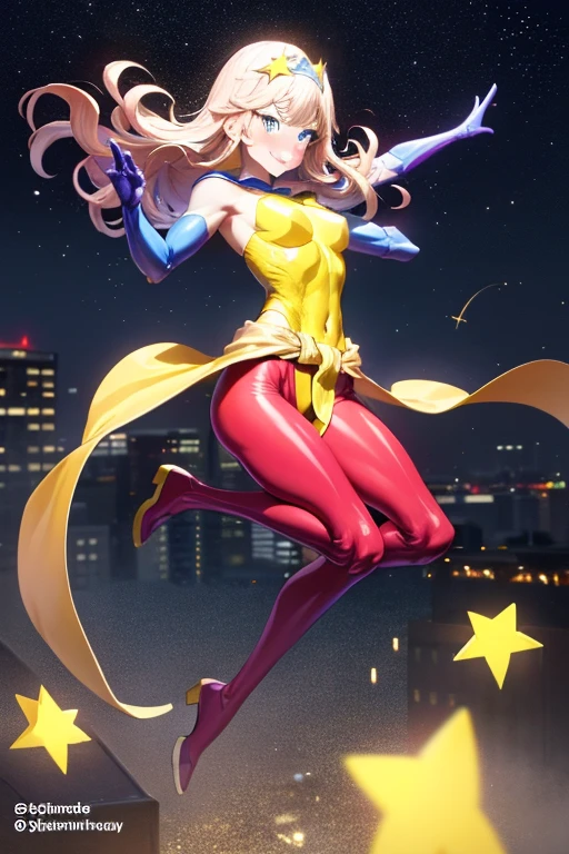 ((best quality)), ((masterpiece)), (detailed), 1 girl, Full body, 1, Smiling face, Blue eyes, Star-shaped tiara, Arms outstretched, Arms behind waist, Blue superhero mask, Blushing, Blonde hair, Straight hair, Long hair, Bangs, Hair ornaments, Star hair ornaments, Full body, Medium breasts, Slim body, Hands with yellow stars, Yellow wristbands, Long purple gloves, Blue gloves, Blue gloves, Yellow shoulder pads, Superhero costume, Superheroes, Yellow leotard suit, With a big yellow star in the center, Star emblem, Somewhat tight, Long yellow cape on waist, Red belt, Purple legs, Purple pantyhose, Long blue boots, Flying, City background, Anime