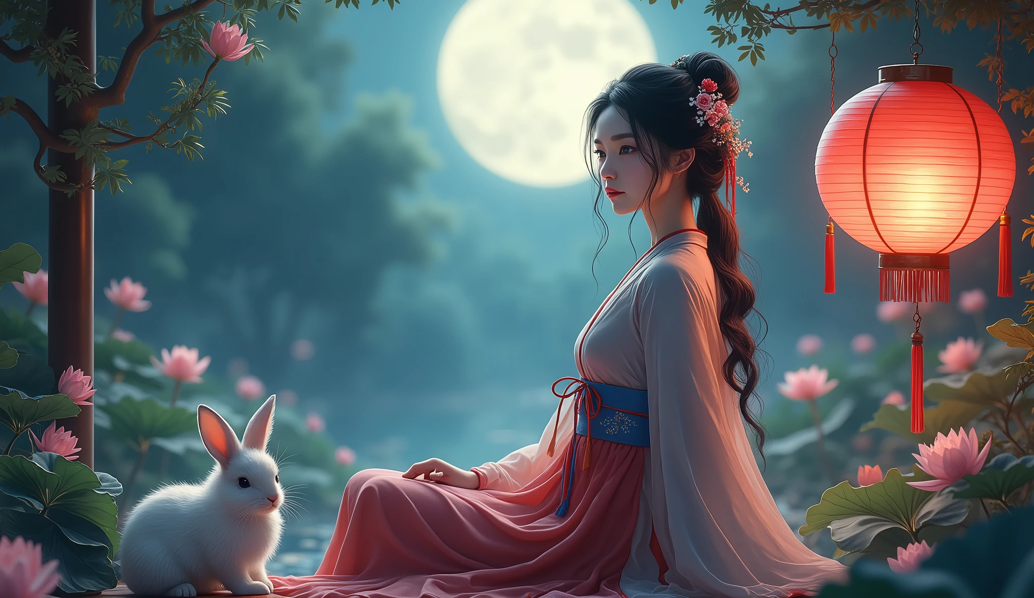 A beautiful young Asian woman in an elegant red and blue hanfu sits gracefully in a moonlit garden. Her hair was decorated with delicate flowers. And her eyes were calm and charming. A large glowing red lantern hung next to her, casting a warm glow on the scene. A fluffy white rabbit sat at her feet. Add a calm and enchanting atmosphere. The garden is full of lush greenery and delicate lotus flowers. along with the full moon shining brightly in the sky
