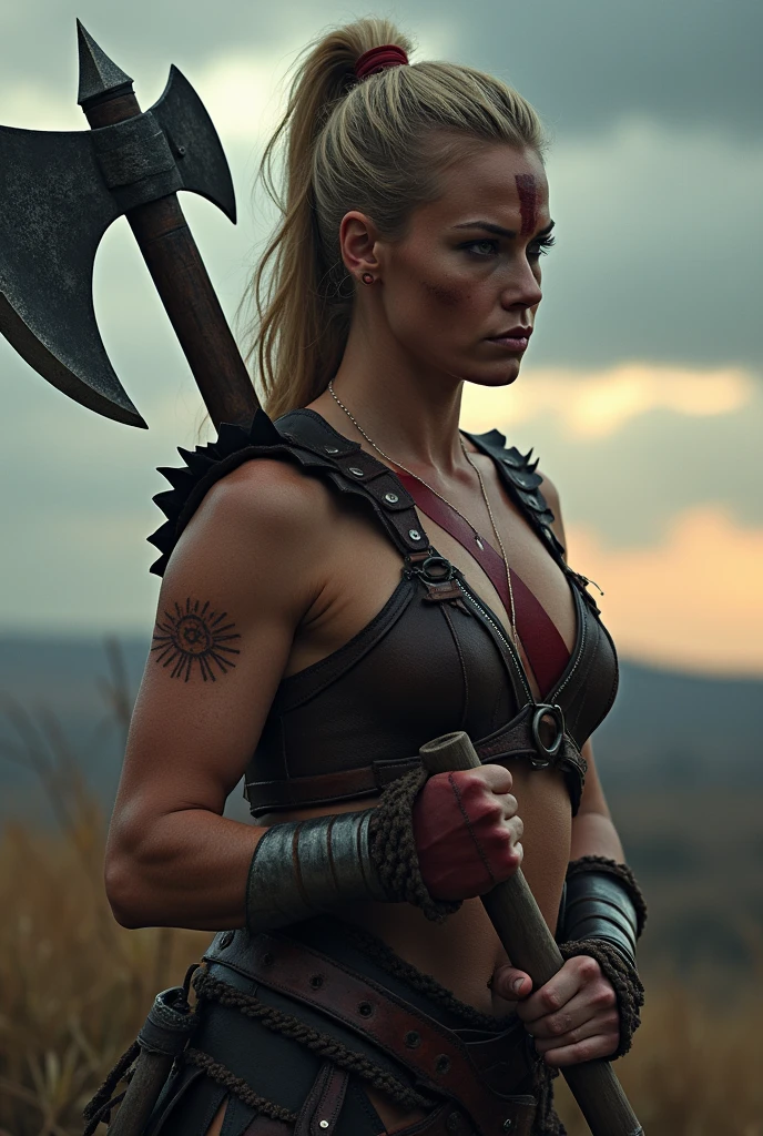 Helen Skelton, in Braveheart, close-up action shot from ground level, naked Celtic warrior with blue Celtic tattoos, woad, sweating, damp hair, on a bloody battlefield