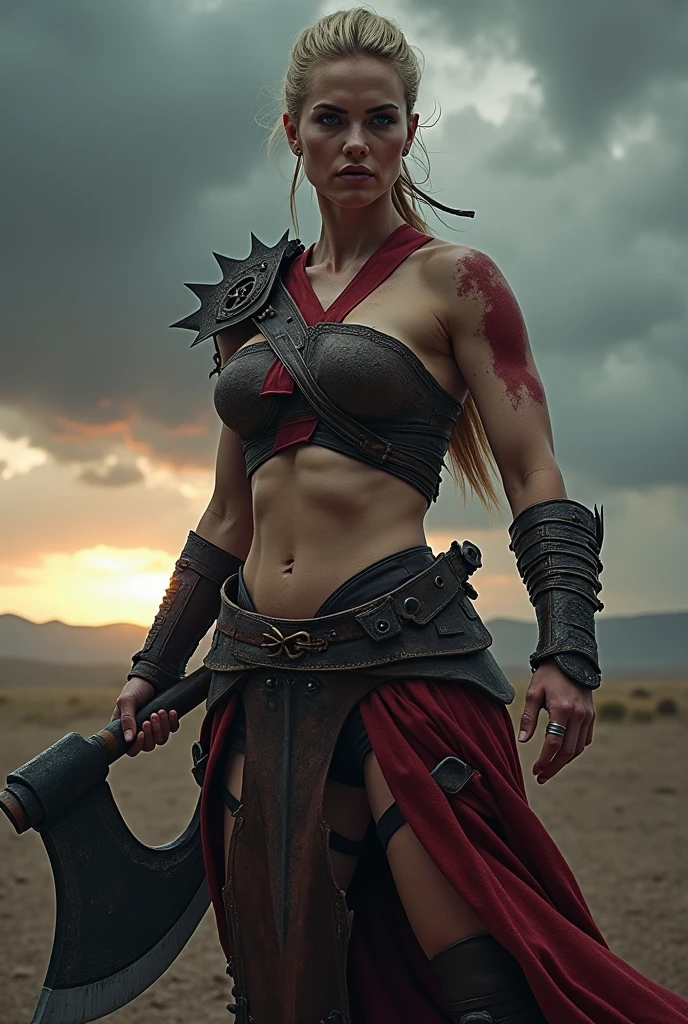 Masterpiece, a beautiful Viking woman, ((Marilyn Monroe:Michelle Pfeiffer:0.5)), (sexy viking armor), (medium breasts), (perfect body), (blonde matted hair), (short hairstyle), welding a sword, outside, dirty, spattered with blood,(skin texture:1.1), best quality, ultra high res, Raw photo, Nikon D850, backlight, rimlight, bright sunlight, film grain:1.2, (warm hue, warm tone:1.2), (color photo), fantasy battlefield background