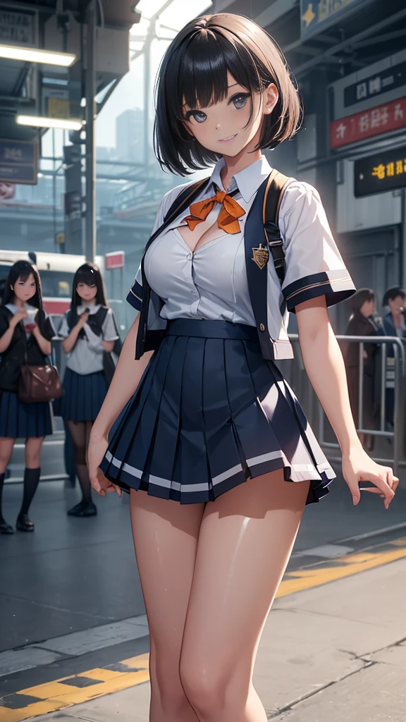 ((safety、Absolutely safe、Safe and secure、everyone、safety Sensor)), (movie lighting、Key Light:Front 45 degree angle, Subsidy Light、Backlight、Shadow、Blue and orange color palette), 2 Girls, High resolution, masterpiece, Accurate, Anatomically correct, number々Awards for, Highest quality, Corruption, High resolutionモデル, Attention to detail, retina, Very detailed, Textured skin, 超High resolution, movie light effect, movie, movie撮Shadow, clair obscur, Background Blur, Every薄いg detailed and exquisite、Complete human body、Correct human body、The perfect human body、Accurate the human body、Detailed Background、Elaborate Background、Correct five-finger、RAW Photos、 4K - ultra-vivid、超High resolution, (reality: 1.4), Sequin Material、Sparkling, reflective clo薄いg、
(((Oilskin,Glowing Skin、Realistic skin texture、Fine and beautiful skin、Glowing Skin、Glowing Skin)))、
Detailed face、Black Hair、Bobcut、Blunt bangs、shiny bright blue eyes、Wicked Smile、((Grin))、((Big Breasts、Big cleavage))、White shirt and pleated skirt、((High school girlini skirt))、Black Pantyhose:1.8、Cowboy Shot、salute、Station platform waiting for the train 、station Background、(Detailed people、Shiny skin、Oily skin)、Written background、Background blur、(Short stature girl:1.8, Summer uniform for high school girls:1.5)