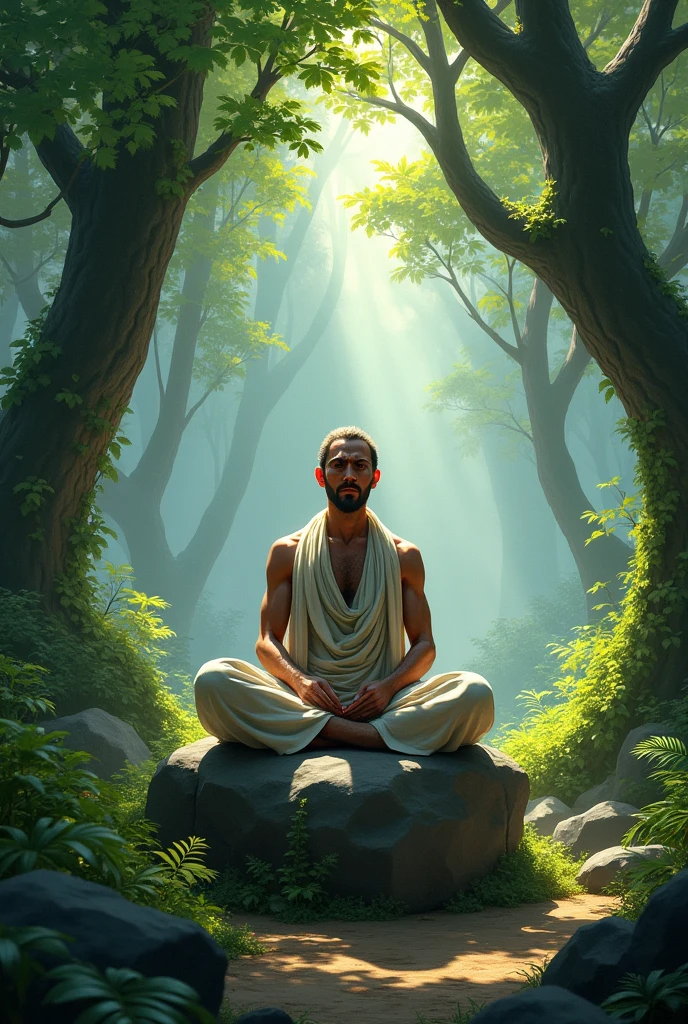 A serene forest setting with the sage Shilad sitting in a meditative pose on a rock, surrounded by nature. His clothes are simple, and he is deeply engrossed in his rigorous penance. The atmosphere should convey peace and intensity of his dedication.