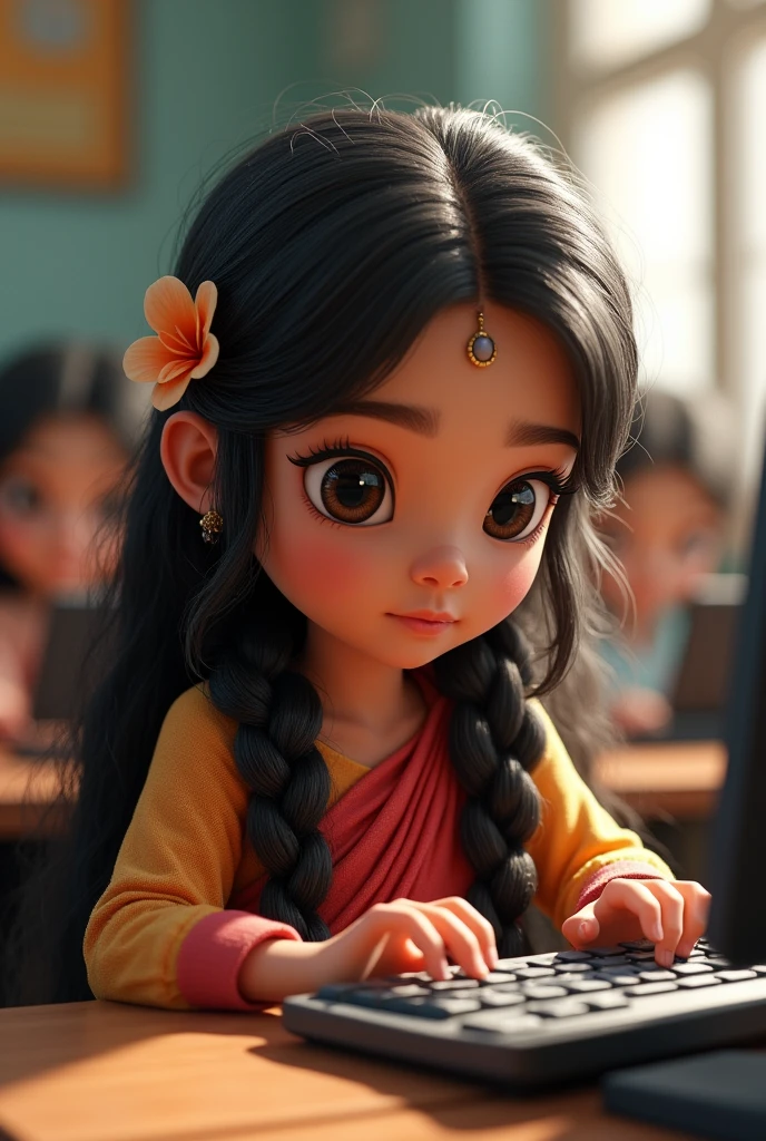 A indian short girl in type writing class with knit very long hair with flower wear jimiki 
.wear chutidar.big eyes name giri
