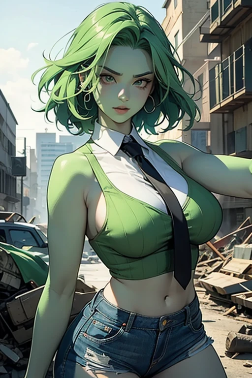a drawing of a woman with green hair and a tie, inked and colored, ella hulk, green skin!, ella hulk, orc theme, green skin!!, arzach style comic, Full color drawing, sexy female, green skinned, high quality colored sketch, drawn in the style of artgerm, character, Hot woman, torn clothes, showing breasts, perfect breasts, coming out of a building in ruins, expression of rage