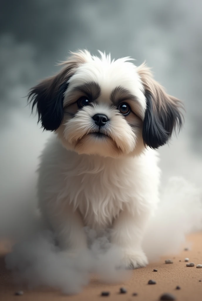 full body image, (very detailed,Ultra high resolution,Detailed background),((2 days)),((smooth color)),((Dum color)), 1solo out of the fog:1.5, looking at the audience, Cute Shih Tzu dog, white with black spots